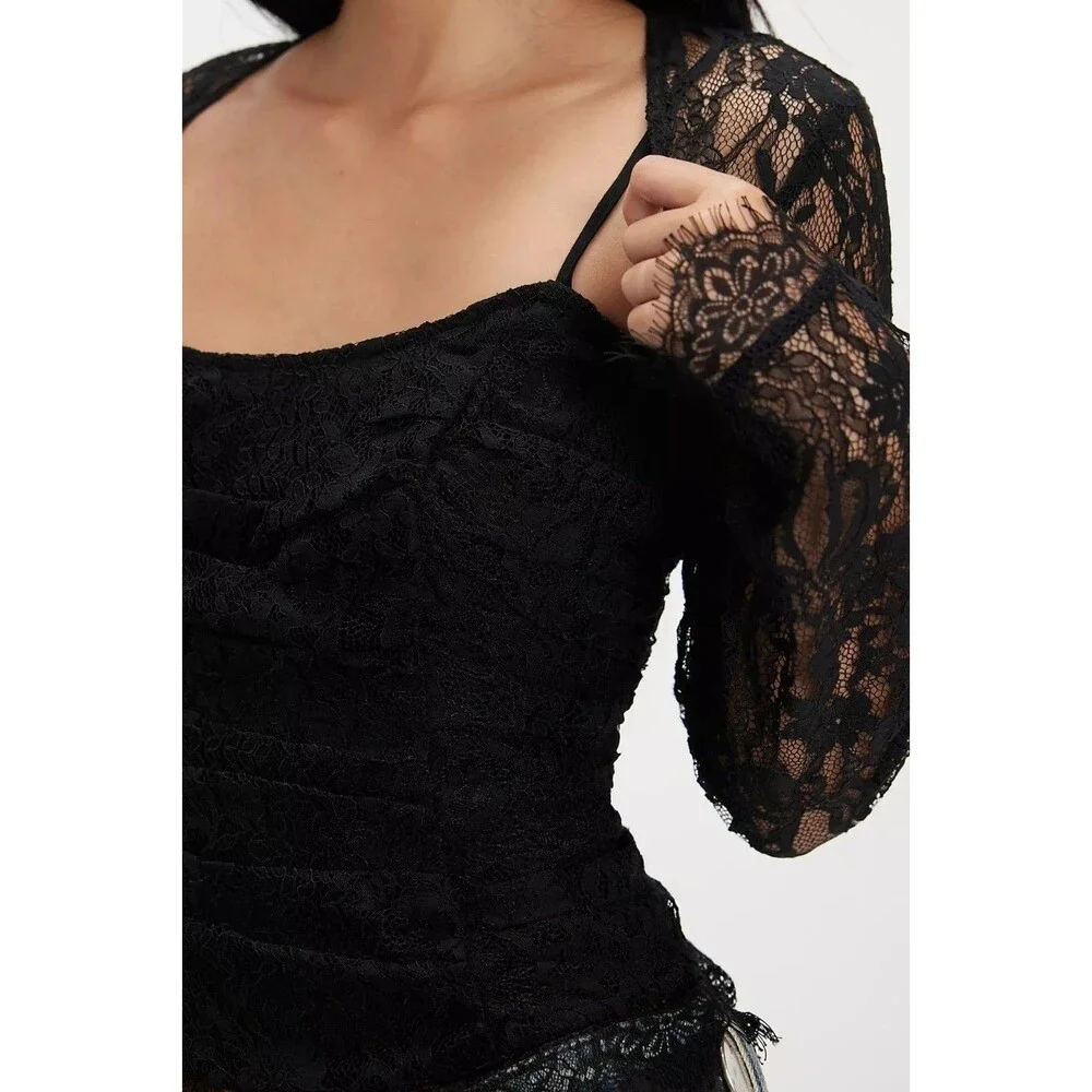 Free People Paloma Lace Blouse Top Long Sleeve Ruched Sheer Black S 282135